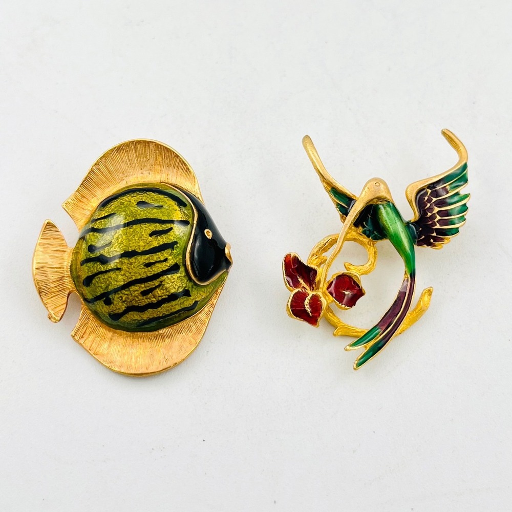 Vintage Enamel Brooch Set Gold Tone Puffy Fish Hummingbird Bird Pin Lot
